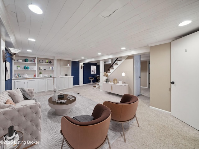 3804 Pramany Ct, Jeffersontown, KY 40299 - living area with stairs, light colored carpet, built in shelves, recessed lighting, and baseboards