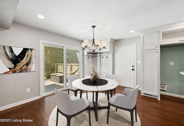 3804 Pramany Ct, Jeffersontown, KY 40299 - dining room featuring a chandelier, baseboards, dark wood-style floors, and recessed lighting