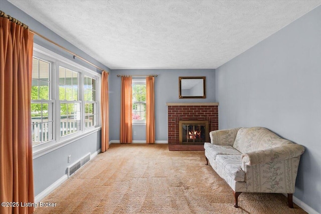 8004 Sherry Lynn Ct, Louisville, KY 40228 - sitting room featuring carpet flooring, a textured ceiling, baseboards, and a brick fireplace