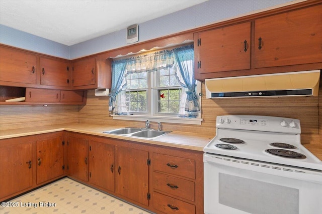 8004 Sherry Lynn Ct, Louisville, KY 40228 - kitchen with white range with electric cooktop, a sink, range hood, light countertops, and brown cabinets