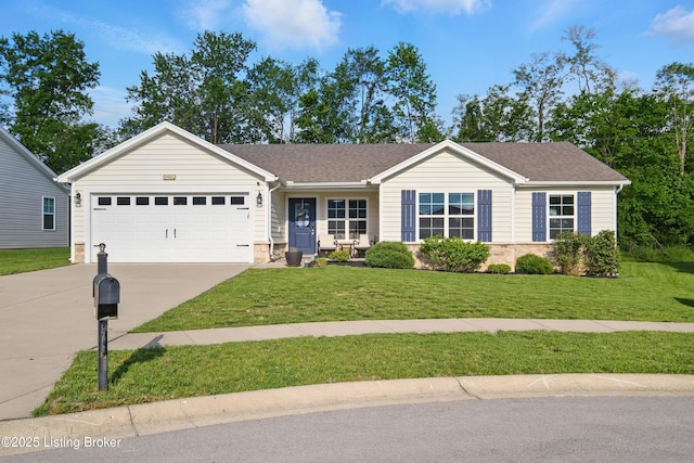 10904 Hidden Trail Ct, Louisville, KY 40229 - ranch-style home featuring driveway, an attached garage, a front yard, stone siding, and a shingled roof