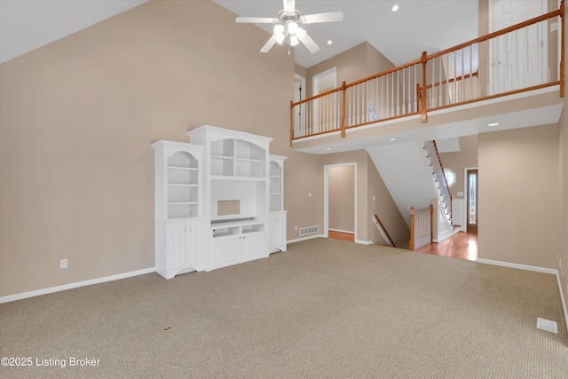 7728 Cottage Cove Way, Louisville, KY 40214 - unfurnished living room featuring a high ceiling, carpet flooring, ceiling fan, baseboards, and recessed lighting