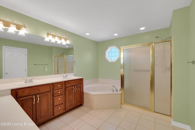 7728 Cottage Cove Way, Louisville, KY 40214 - bathroom featuring a bath, a shower stall, double vanity, tile patterned floors, and recessed lighting