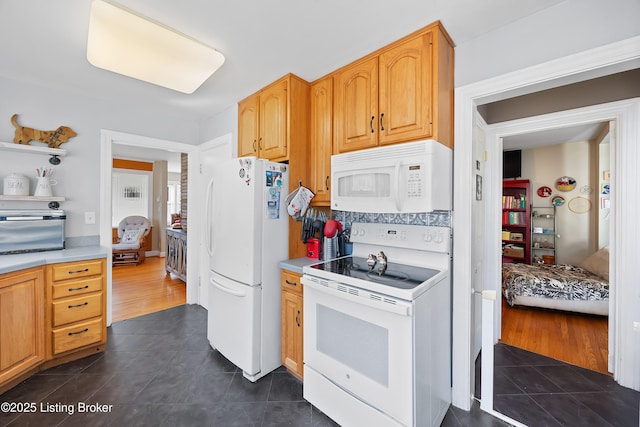 17 Denham Rd, Louisville, KY 40205 - kitchen with white appliances, dark tile patterned floors, light countertops, and open shelves