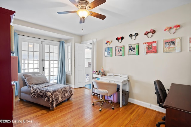 17 Denham Rd, Louisville, KY 40205 - bedroom featuring baseboards, an office area, french doors, light wood-type flooring, and access to outside