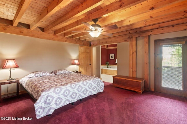 bedroom with wood ceiling, beamed ceiling, carpet floors, and ensuite bathroom