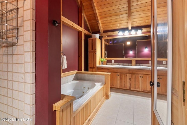 full bathroom with wooden ceiling, tile patterned floors, a whirlpool tub, and vanity