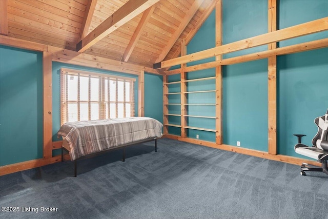 carpeted bedroom featuring wooden ceiling, beam ceiling, and high vaulted ceiling