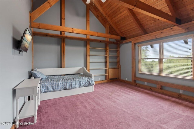 unfurnished bedroom with wood ceiling and carpet flooring