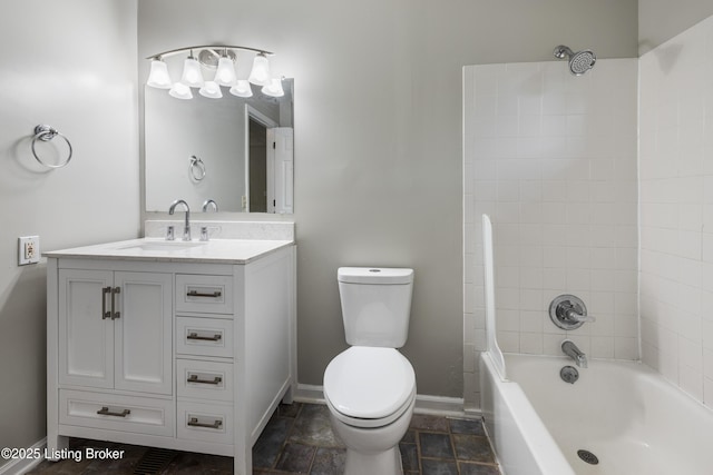 full bath with toilet, vanity, tub / shower combination, and baseboards