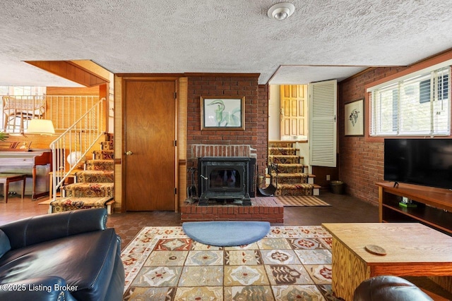 12715 Westport Rd, Louisville, KY 40245 - living room with stairway, a textured ceiling, and brick wall