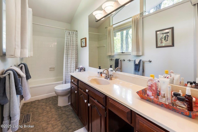 12715 Westport Rd, Louisville, KY 40245 - full bathroom featuring toilet, vanity, shower / bath combo with shower curtain, and lofted ceiling