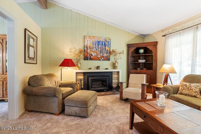 12715 Westport Rd, Louisville, KY 40245 - living area with vaulted ceiling, light colored carpet, wood walls, a glass covered fireplace, and ornamental molding