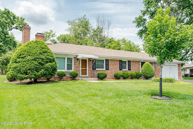 4305 Darbrook Rd, Louisville, KY 40207 - ranch-style home featuring a garage, a front lawn, a chimney, and brick siding