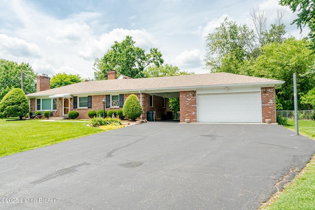 4305 Darbrook Rd, Louisville, KY 40207 - ranch-style house featuring an attached garage, asphalt driveway, brick siding, and a chimney