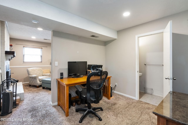 carpeted office featuring recessed lighting and baseboards