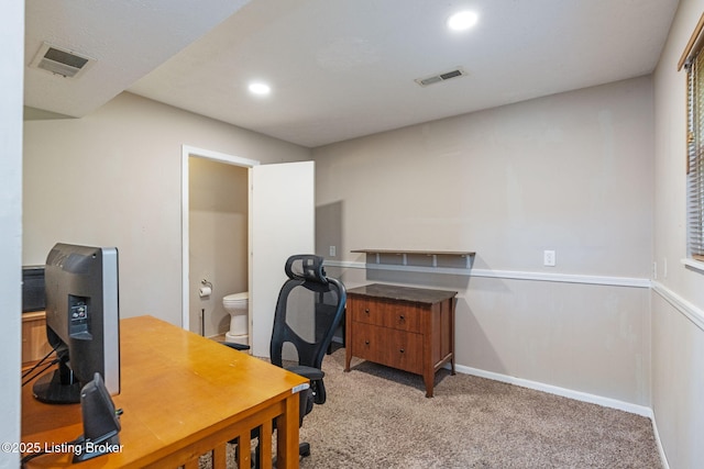 office space with light colored carpet, recessed lighting, and baseboards