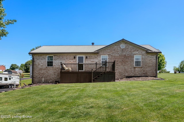 462 Wilsonville Rd, Fisherville, KY 40023 - rear view of property featuring brick siding, a lawn, stairs, a deck, and metal roof