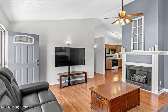 462 Wilsonville Rd, Fisherville, KY 40023 - living room featuring lofted ceiling, ceiling fan, light wood-style floors, and baseboards
