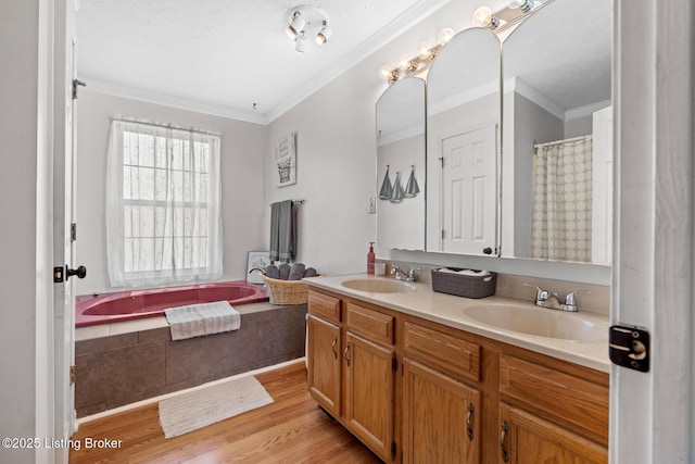 462 Wilsonville Rd, Fisherville, KY 40023 - full bath with crown molding, double vanity, wood finished floors, and a garden tub