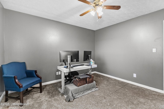 462 Wilsonville Rd, Fisherville, KY 40023 - home office featuring a ceiling fan, a textured ceiling, carpet, and baseboards