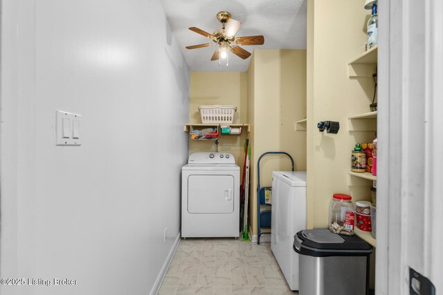 462 Wilsonville Rd, Fisherville, KY 40023 - laundry room with ceiling fan, washer and dryer, light marble finish floors, and baseboards