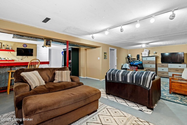 462 Wilsonville Rd, Fisherville, KY 40023 - living room featuring concrete floors, a bar, and rail lighting