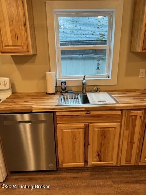 116 Spring Meadow Cir, Campbellsville, KY 42718 - kitchen featuring stainless steel dishwasher, a sink, wood counters, and dark wood-style flooring