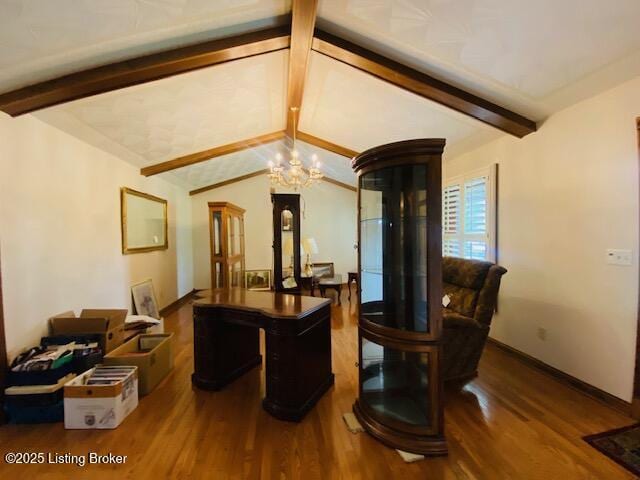 office space featuring wood finished floors and a chandelier