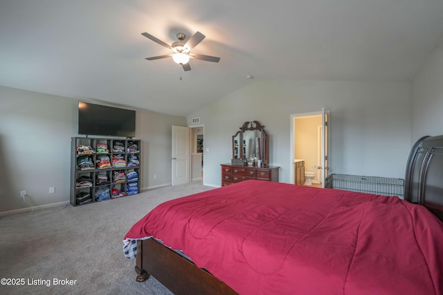 11905 Parkside Vista Ln, Louisville, KY 40229 - bedroom featuring lofted ceiling, carpet floors, ensuite bathroom, baseboards, and ceiling fan