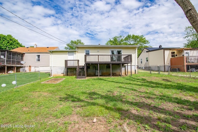 522 Lee Rd, Elizabethtown, KY 42701 - rear view of house with a wooden deck, stairs, a garden, and a sunroom