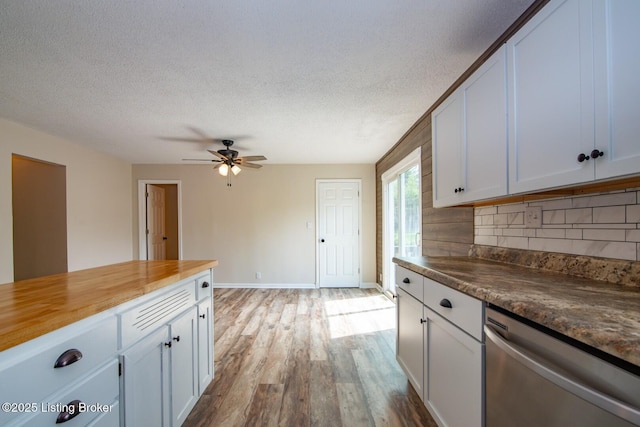 522 Lee Rd, Elizabethtown, KY 42701 - kitchen featuring stainless steel dishwasher, wood finished floors, tasteful backsplash, butcher block counters, and a ceiling fan