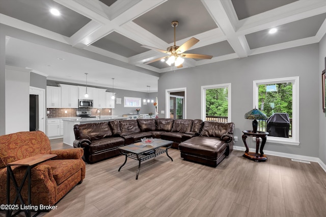 361 Williamsburg Dr, Mt Washington, KY 40047 - living area featuring light wood-style floors, recessed lighting, a ceiling fan, baseboards, and coffered ceiling