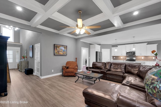 361 Williamsburg Dr, Mt Washington, KY 40047 - living area with baseboards, coffered ceiling, a ceiling fan, beam ceiling, and recessed lighting