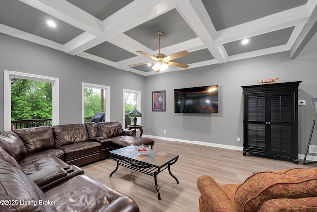 361 Williamsburg Dr, Mt Washington, KY 40047 - living area with coffered ceiling, baseboards, light wood-style flooring, a ceiling fan, and beamed ceiling