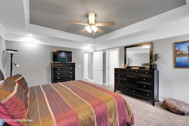 361 Williamsburg Dr, Mt Washington, KY 40047 - bedroom featuring ornamental molding, a raised ceiling, light carpet, baseboards, and ceiling fan