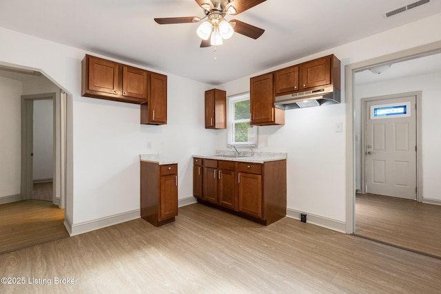 7802 Edna M Rd, Louisville, KY 40258 - kitchen featuring under cabinet range hood, light wood finished floors, brown cabinets, a sink, and ceiling fan