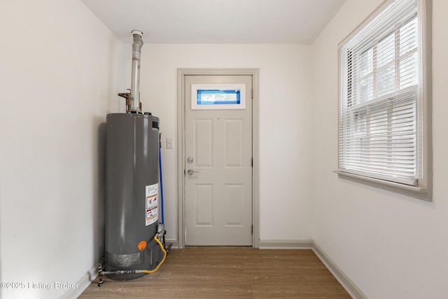 7802 Edna M Rd, Louisville, KY 40258 - entryway featuring gas water heater, wood finished floors, and baseboards