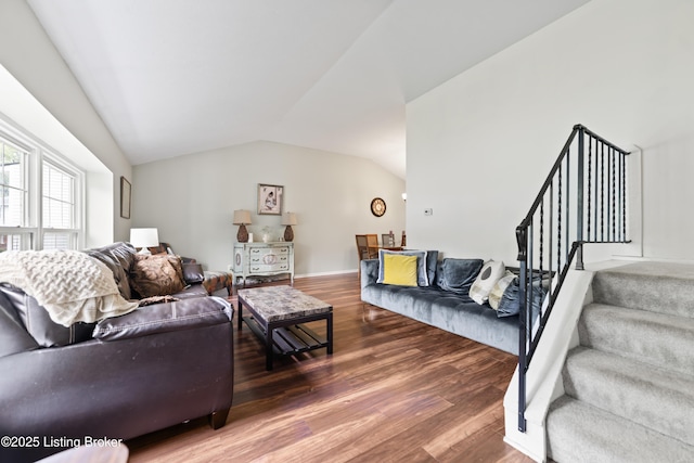11310 Corston Ct, Louisville, KY 40241 - living room with lofted ceiling, stairway, and wood finished floors