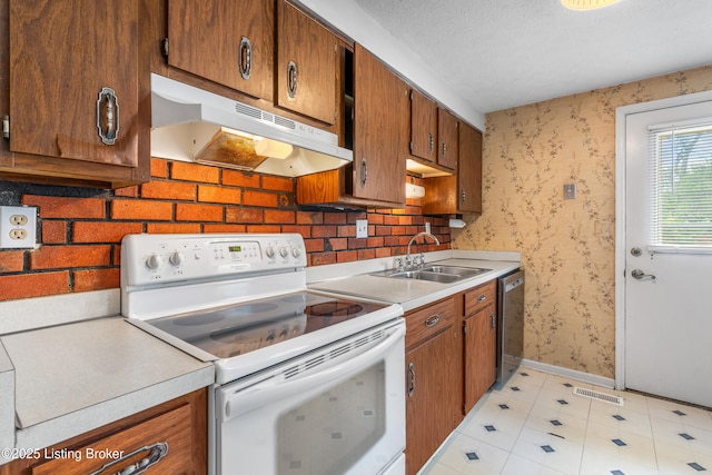 kitchen with white range with electric stovetop, a sink, under cabinet range hood, stainless steel dishwasher, and light countertops