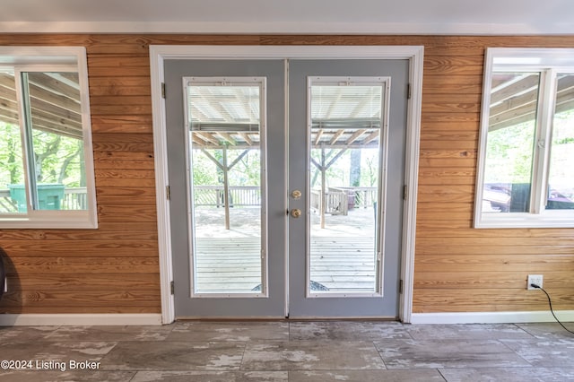 656 Hinton Hills Loop, Hardinsburg, KY 40143 - doorway to outside with baseboards, wood walls, and french doors