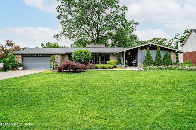 9100 Lakeridge Dr, Louisville, KY 40272 - mid-century home with a garage, a front lawn, concrete driveway, brick siding, and board and batten siding