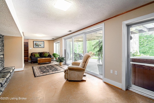 9100 Lakeridge Dr, Louisville, KY 40272 - living room featuring a textured ceiling and baseboards
