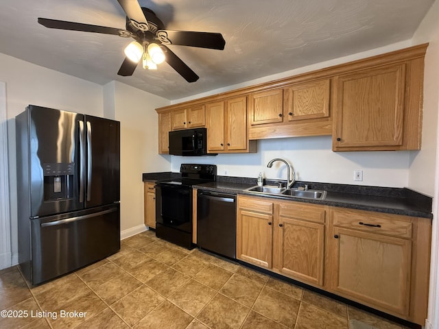 612 Ervay Ave, Louisville, KY 40217 - kitchen with black appliances, a sink, dark countertops, and ceiling fan