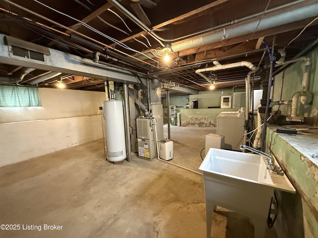 612 Ervay Ave, Louisville, KY 40217 - unfinished below grade area featuring water heater, heating unit, a sink, and washing machine and clothes dryer