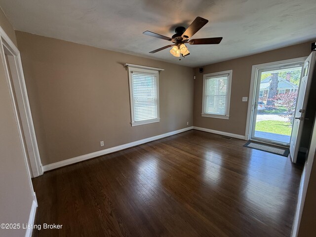 612 Ervay Ave, Louisville, KY 40217 - empty room with dark wood-style flooring, plenty of natural light, baseboards, and a ceiling fan