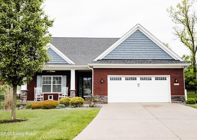 8812 Sanctuary Ln, Louisville, KY 40291 - craftsman-style house featuring a porch, concrete driveway, a garage, a front yard, and roof with shingles