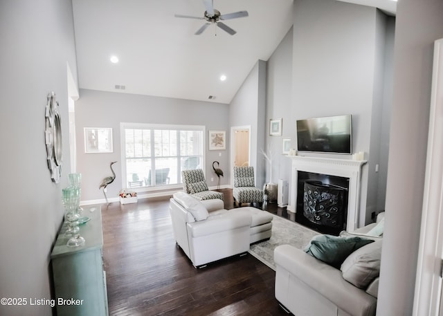 8812 Sanctuary Ln, Louisville, KY 40291 - living room with high vaulted ceiling, a ceiling fan, dark wood-style flooring, baseboards, and a fireplace