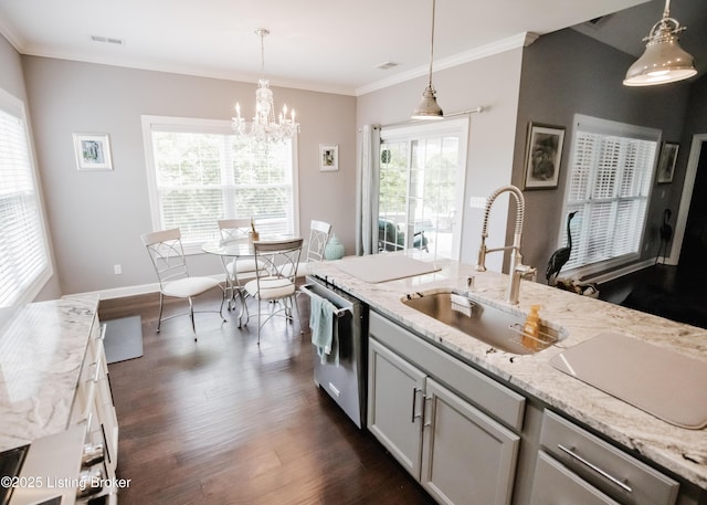 8812 Sanctuary Ln, Louisville, KY 40291 - kitchen featuring stainless steel dishwasher, a sink, dark wood-style floors, a chandelier, and ornamental molding