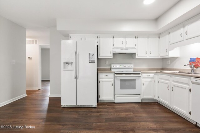 7208 Ridge Creek Rd, Louisville, KY 40291 - kitchen with white appliances, under cabinet range hood, white cabinetry, and light countertops